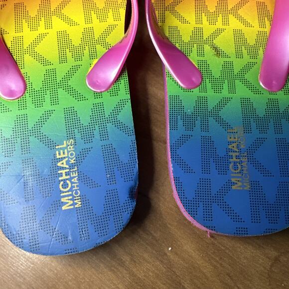 Michael Kors Endine Stripe girls rainbow "MK" flip flops Youth sizes 4/5 - Picture 5 of 7